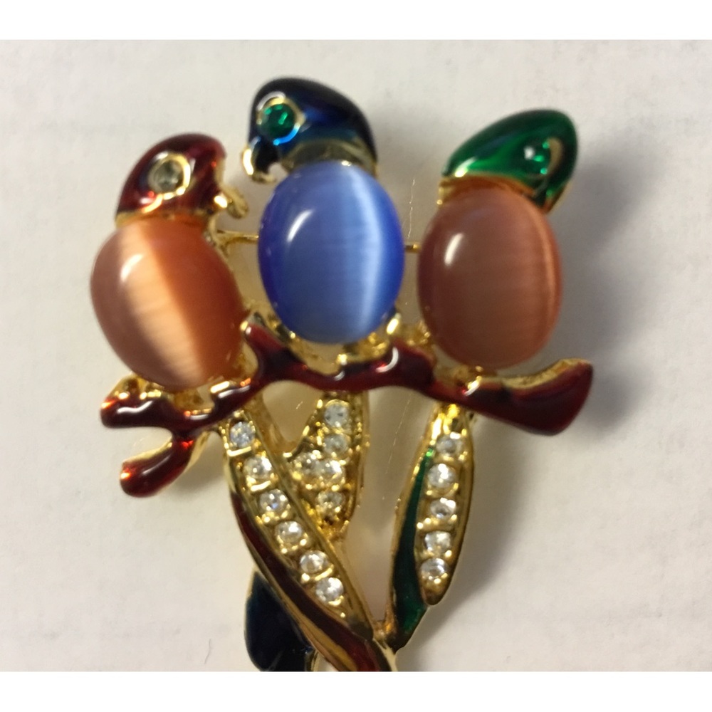 Three Parrots Jelly Belly Style Rhinestone Enamel Brooch Pin. Vintage Pre owned